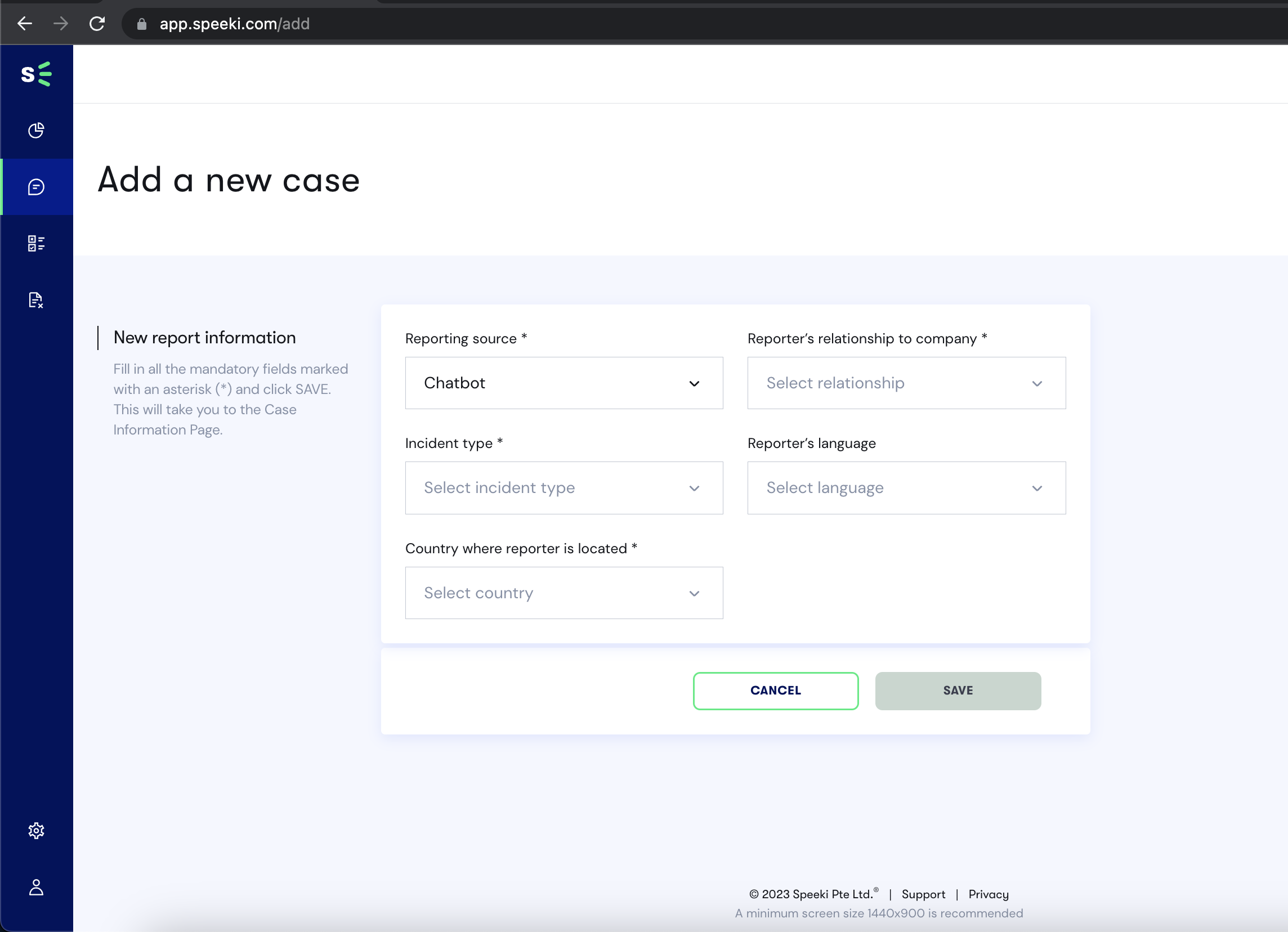 Case Manager Add a new case page