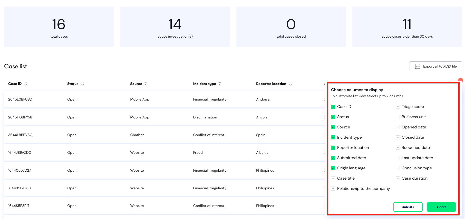 Case Manager Dashboard Choose columns to display window