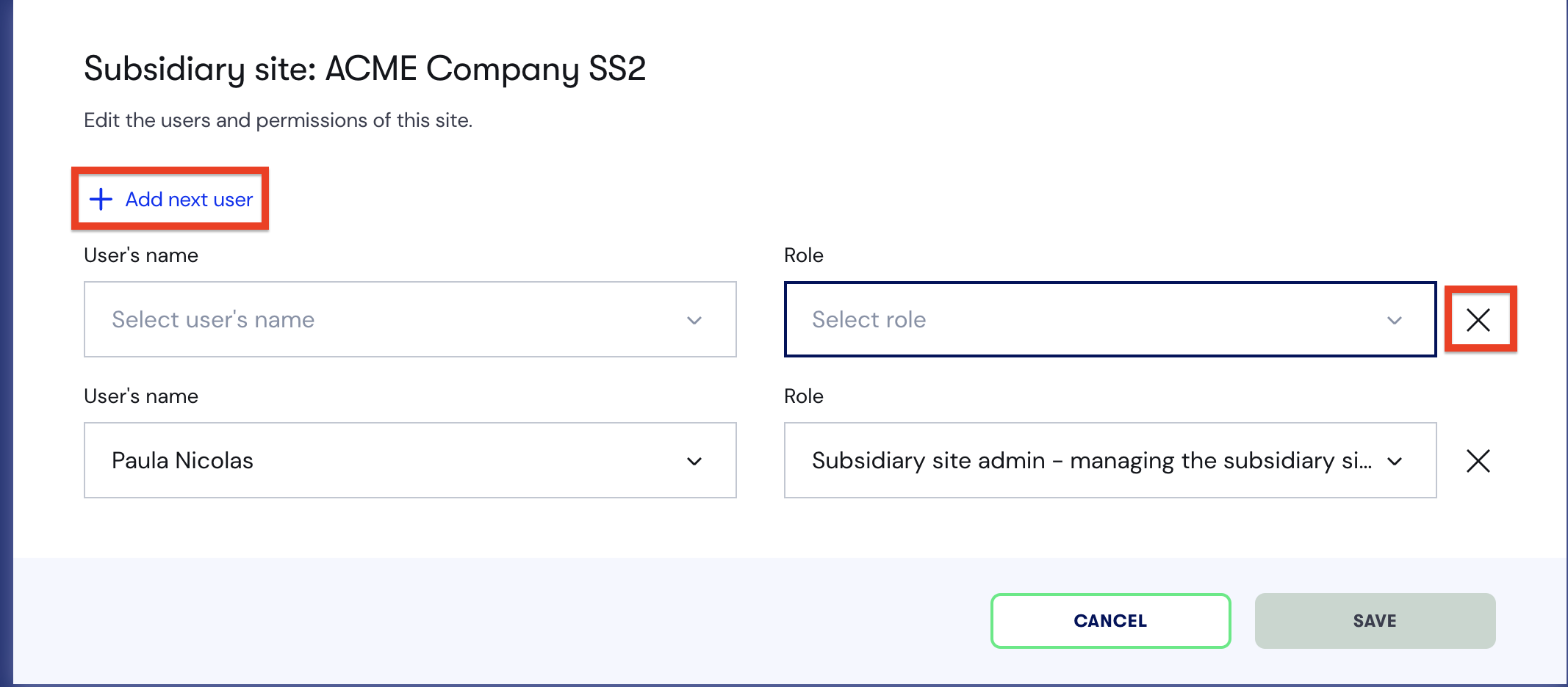 Modifier les utilisateurs et les autorisations du site subsidiaire