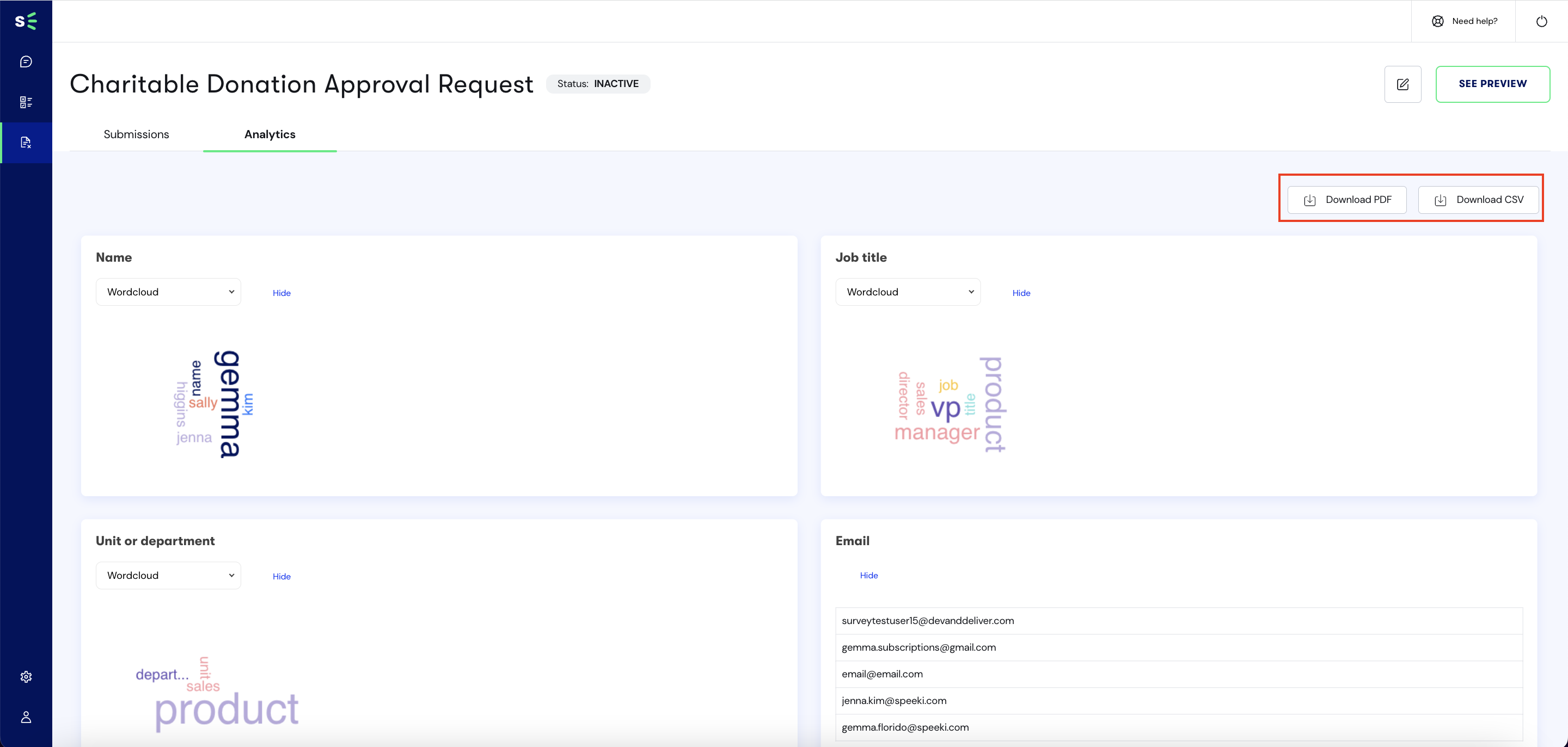 Download analytics in .csv and PDF formats in Declare & Disclose