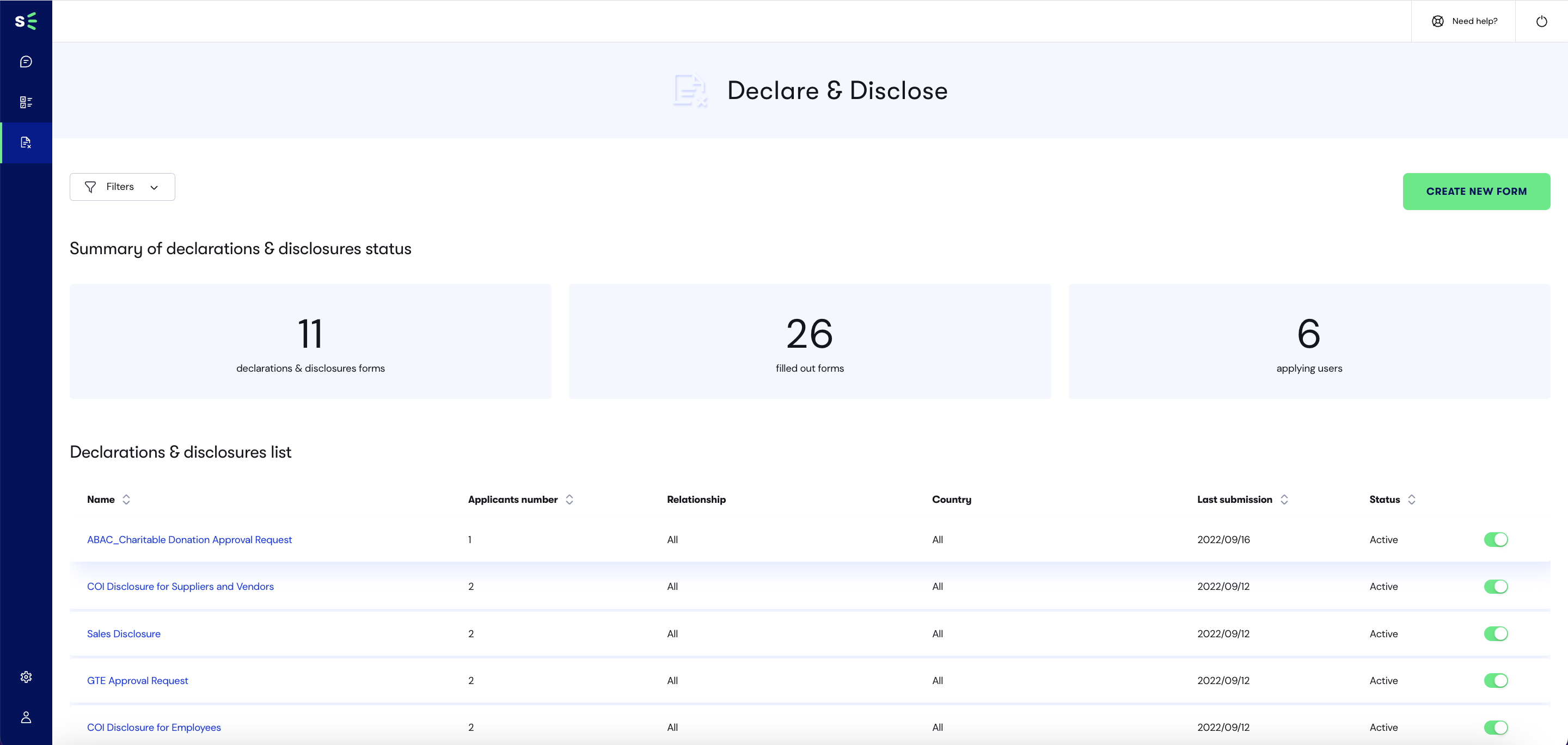 Tableau de bord Declare & Disclose