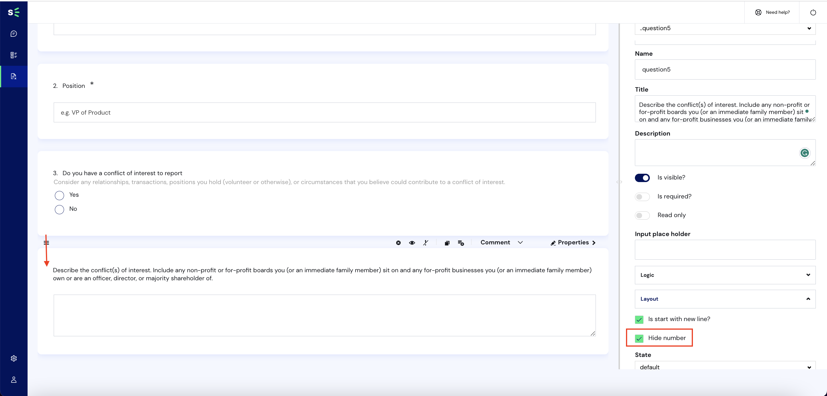 Configure a Comment question type using properties