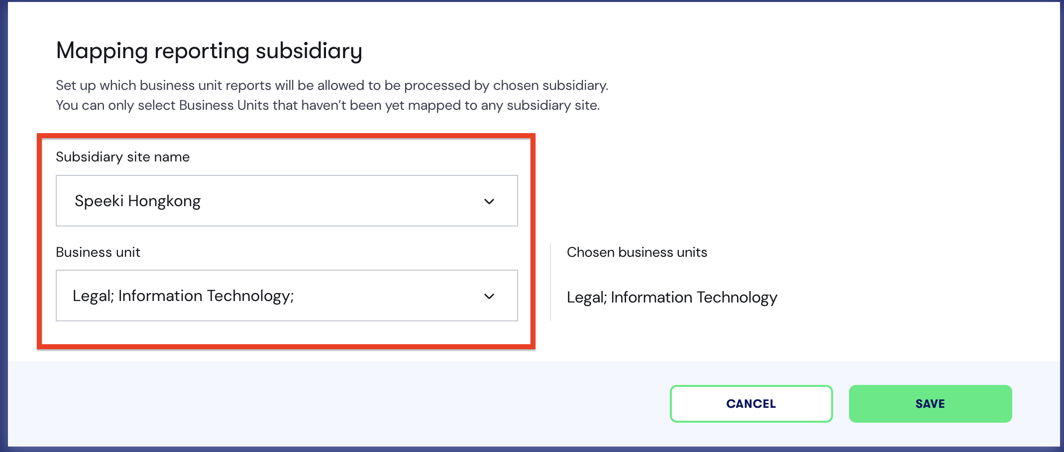 Map business unit/s to Subsidiary site
