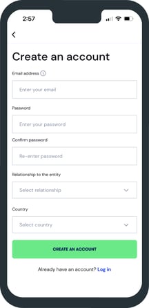 Speeki Mobile app Create an account screen