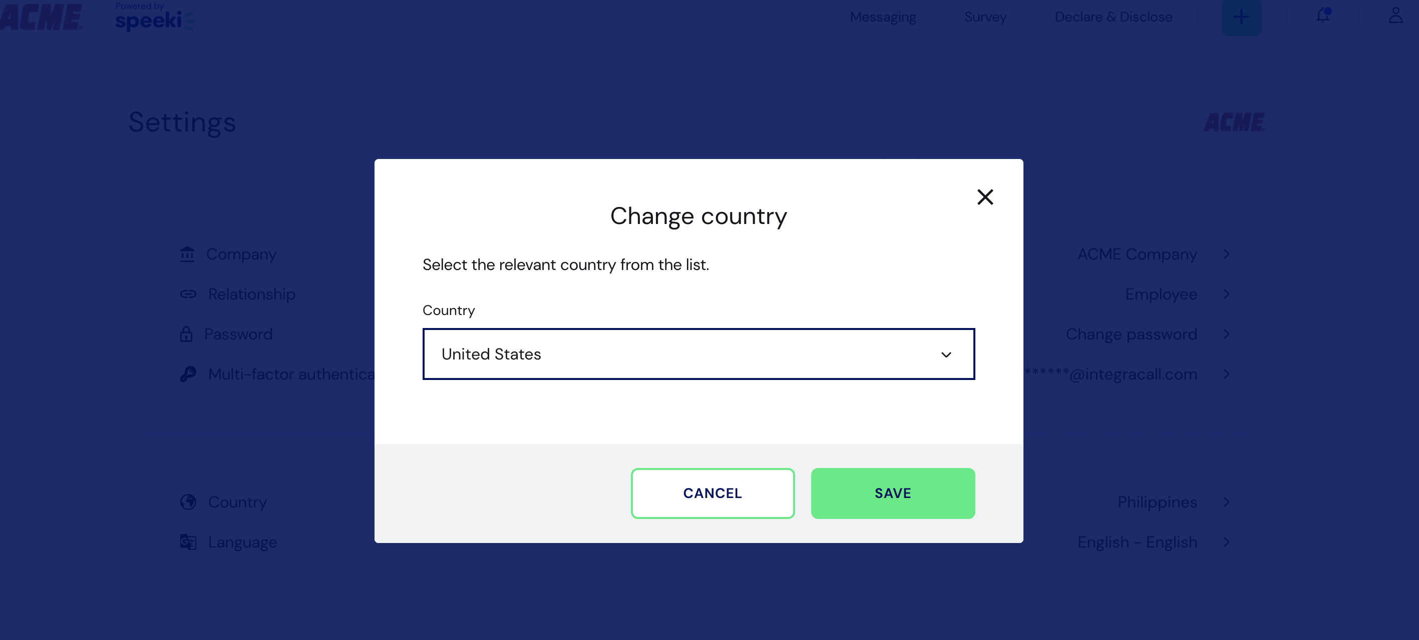 Web Portal Change country screen