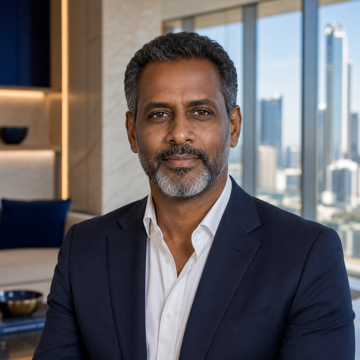 Luxury Dubai apartment with floor-to-ceiling windows and city skyline view at night