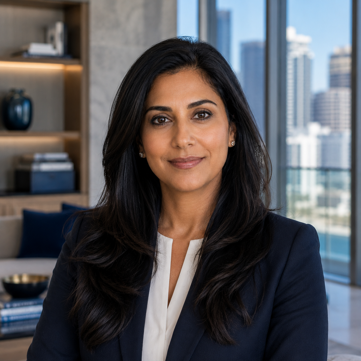 Luxury Dubai apartment with floor-to-ceiling windows and city skyline view at night
