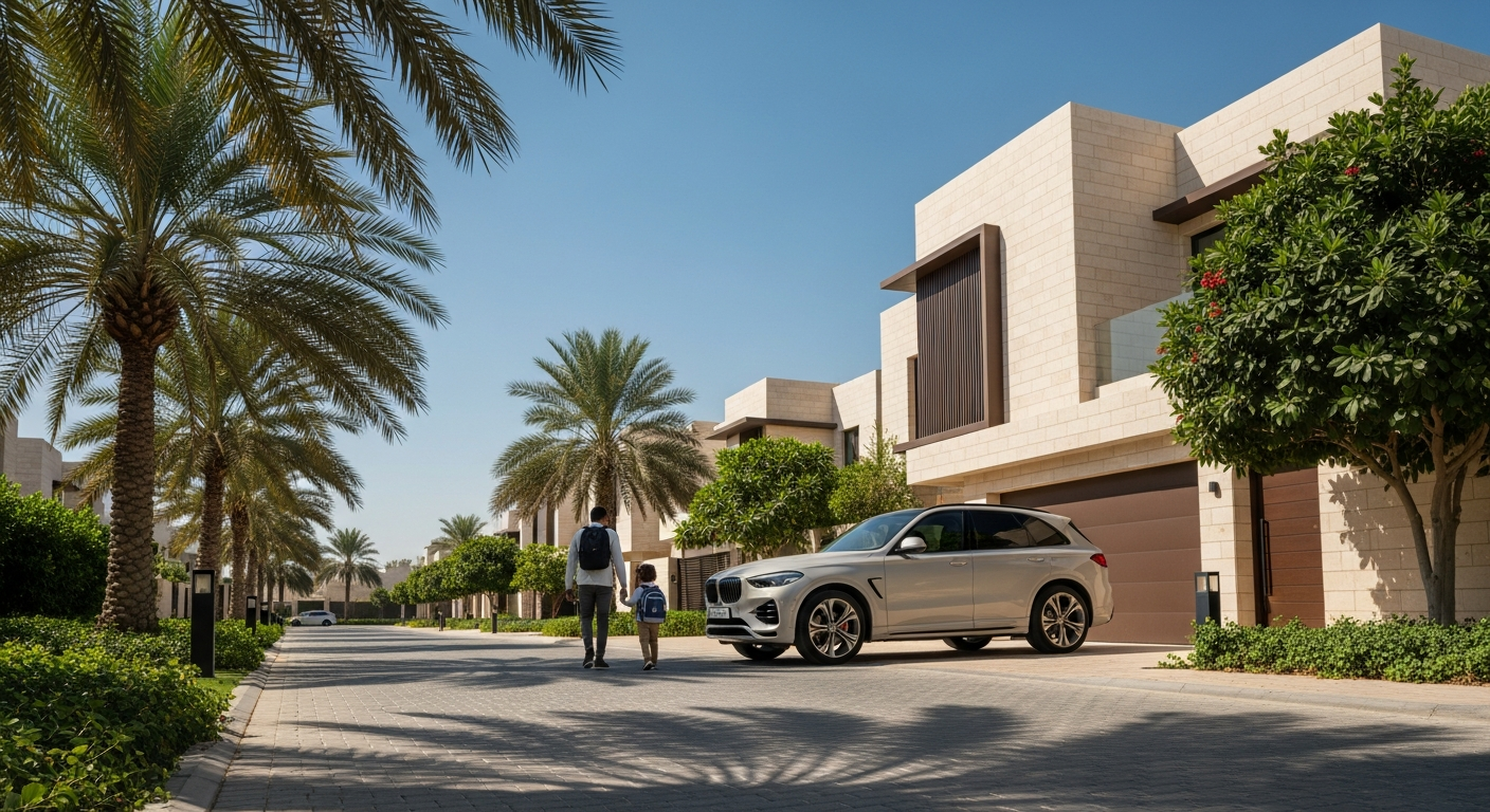 Modern family villas and parks in residential neighbourhoods near Kent College Dubai.