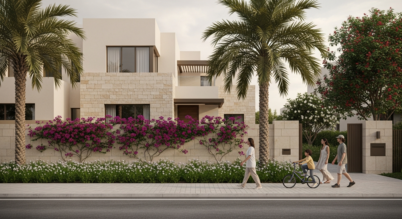 Aerial view of family villas and residential neighbourhoods near Mushrif Park in Dubai.