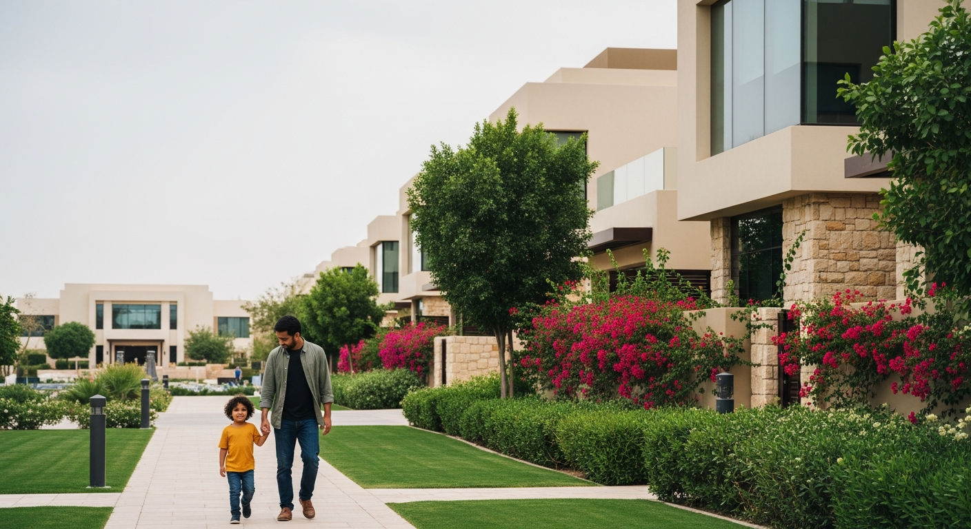 Aerial view of family villas in neighbourhoods near Dubai British School Jumeirah Park.
