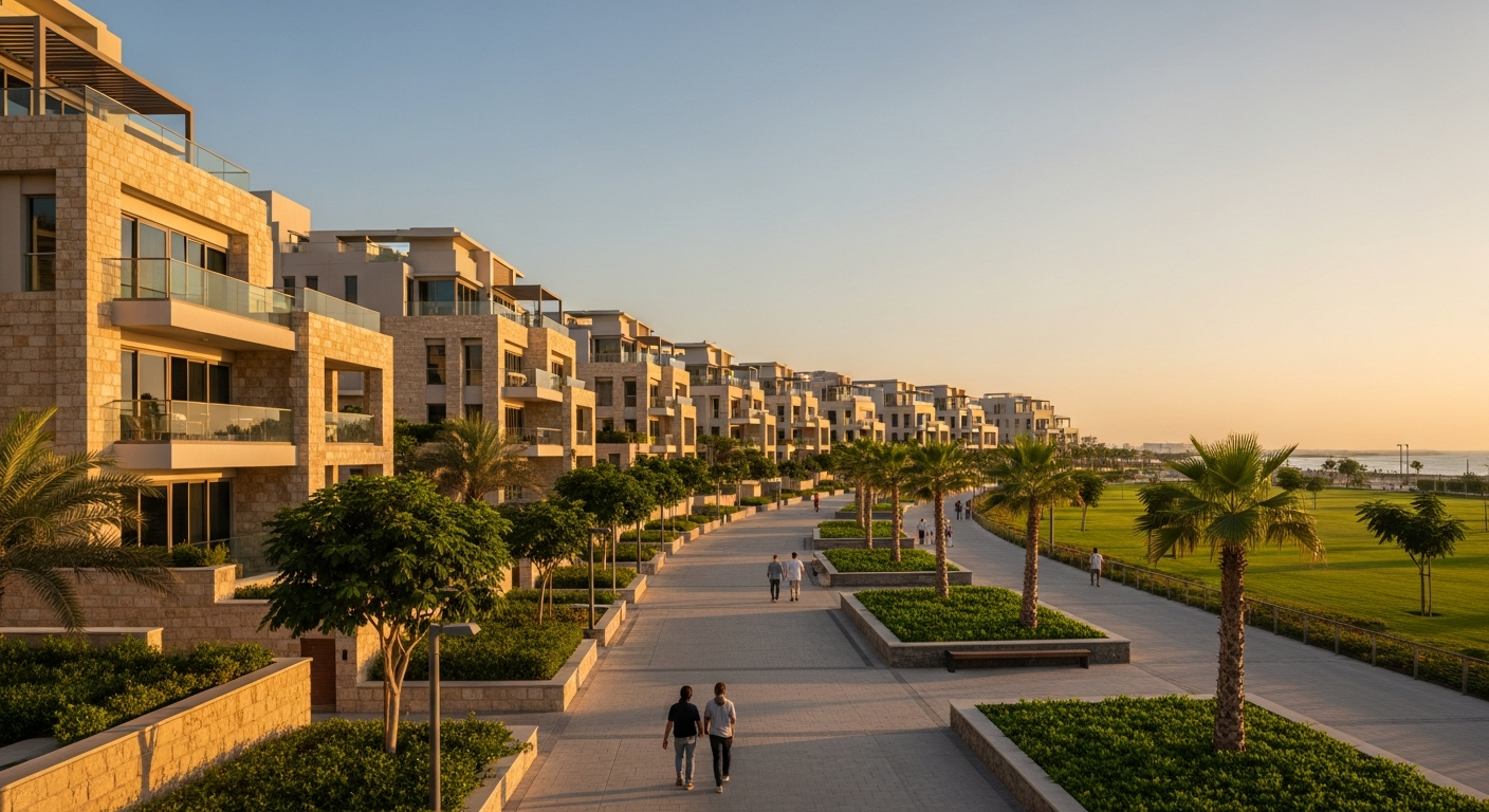 Aerial view of residential neighbourhoods near Al Mamzar Beach Park along the coastal corridor