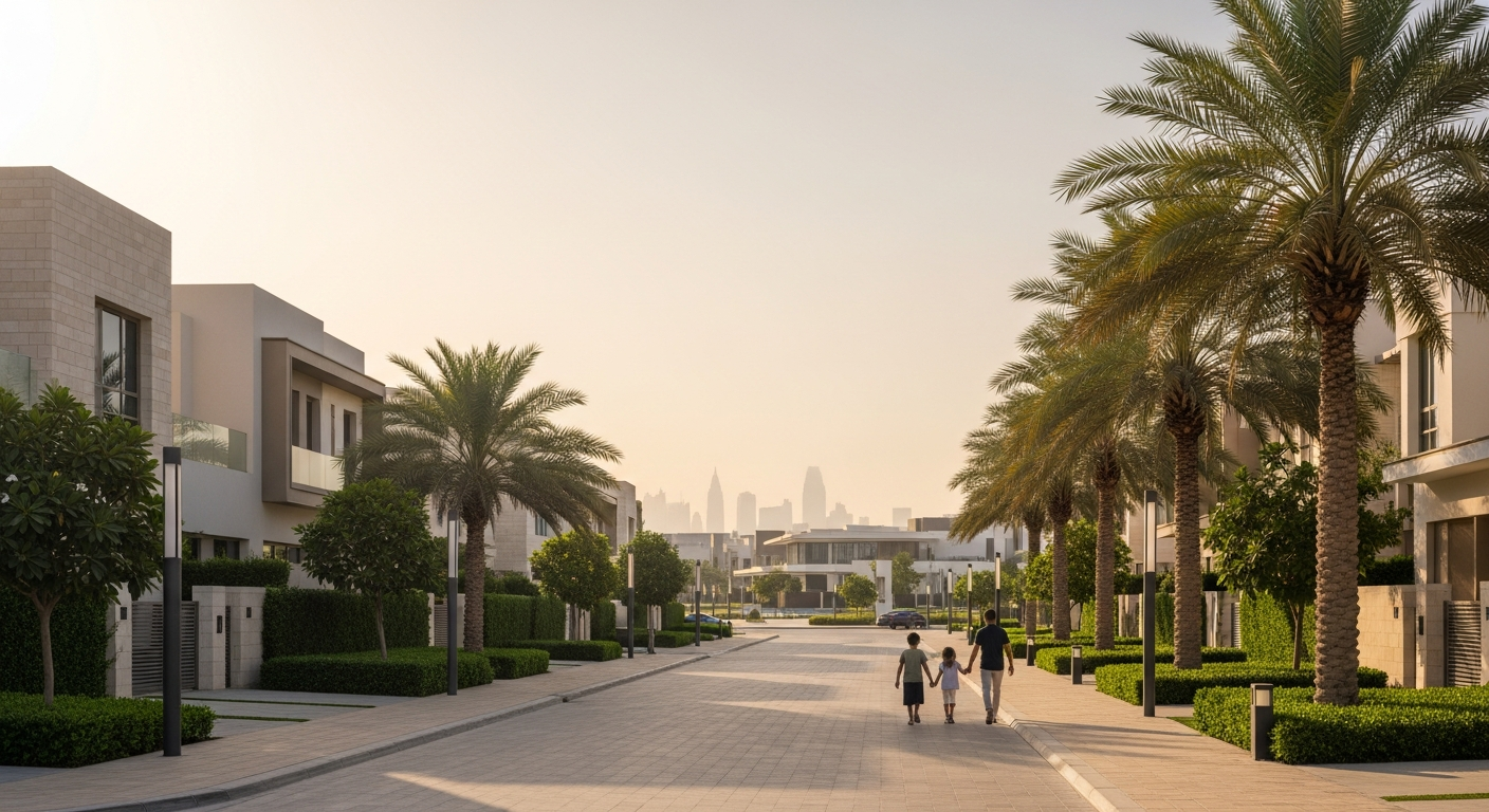Aerial view of modern family villas in residential neighbourhoods near Sunmarke School JVT in Dubai.