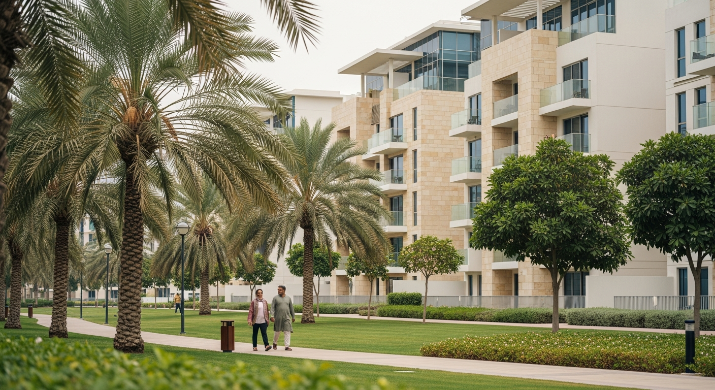 Aerial view of residential neighbourhoods near Creek Park in Dubai