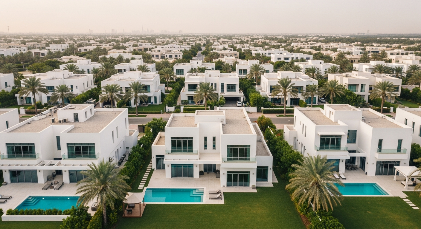 Aerial view of family residential neighbourhoods near Raffles World Academy in Dubai