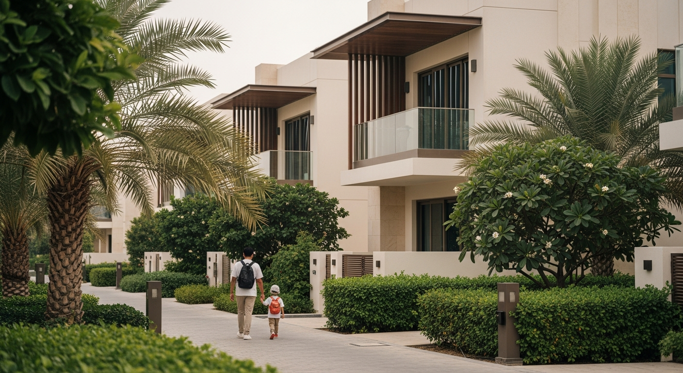 Aerial view of modern family residential neighbourhoods near Safa British School in Dubai