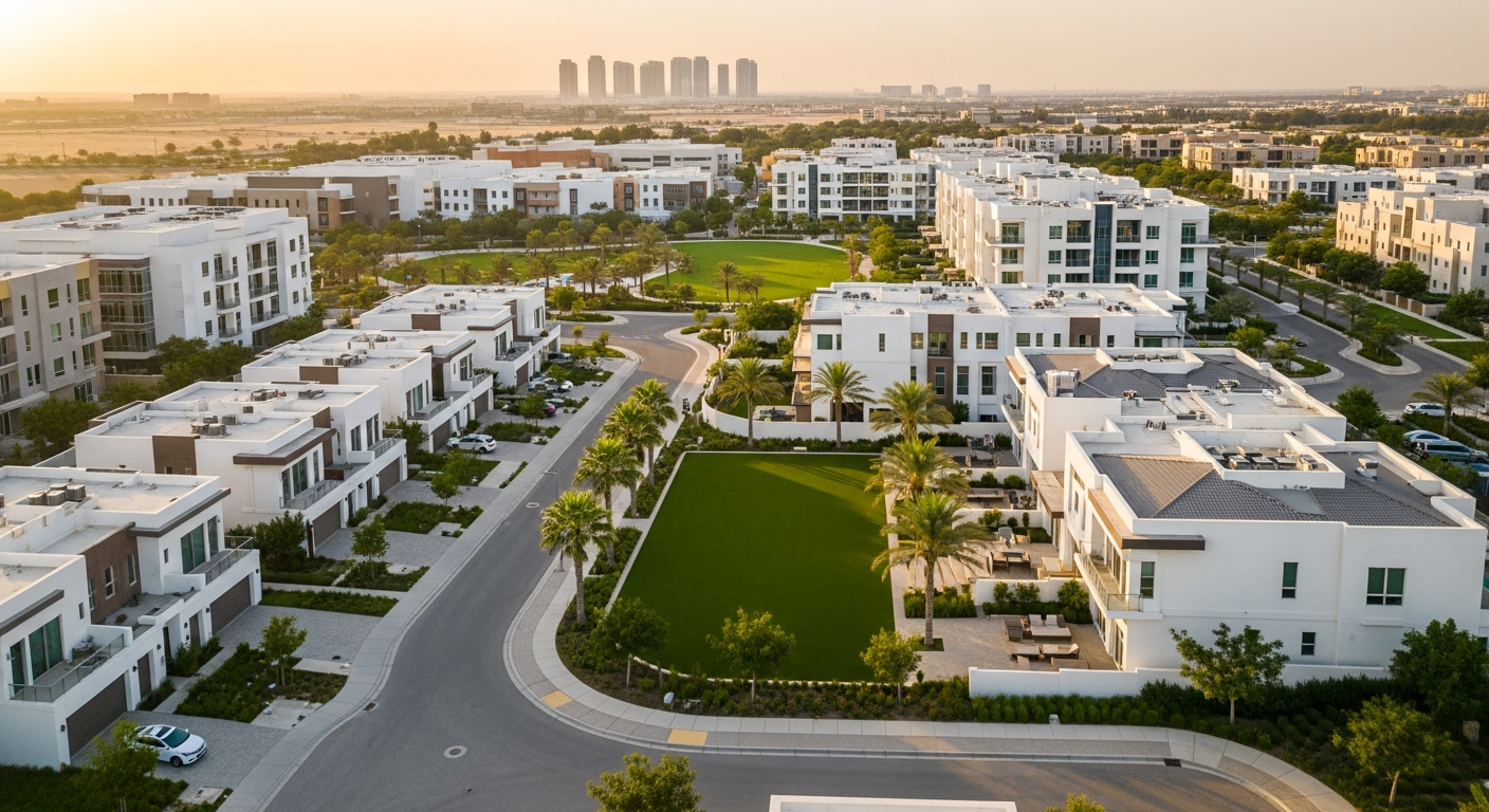 Aerial view of residential neighbourhoods near North London Collegiate School Dubai