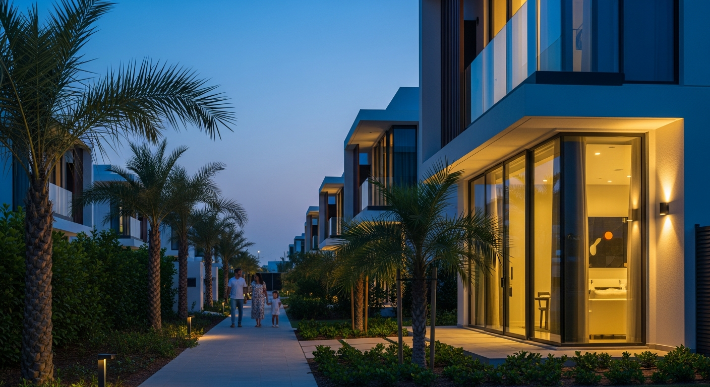 Aerial view of residential villas in family-friendly neighbourhoods near Emirates International School Meadows in Dubai