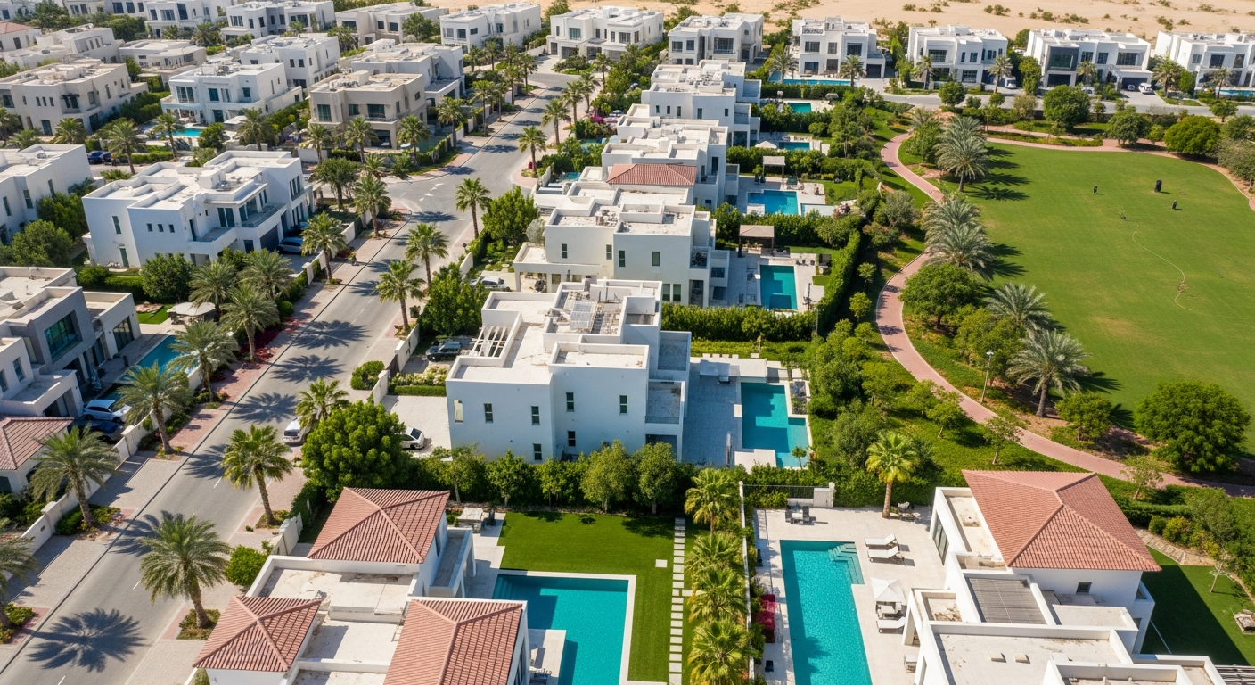 Aerial view of quiet residential neighbourhoods near Al Khawaneej Walk Park in Dubai