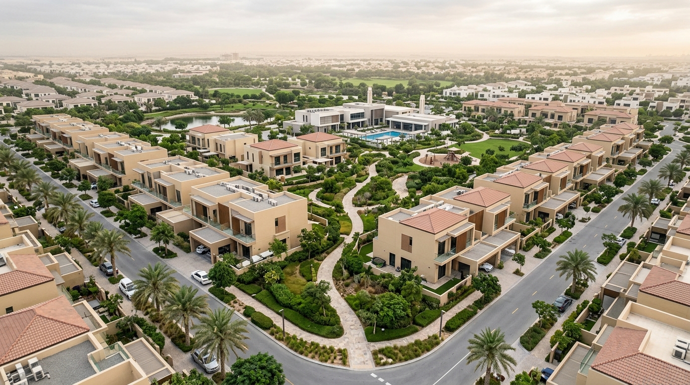 Modern family homes in neighbourhoods near Dove Green Private School in Dubai Investments Park.