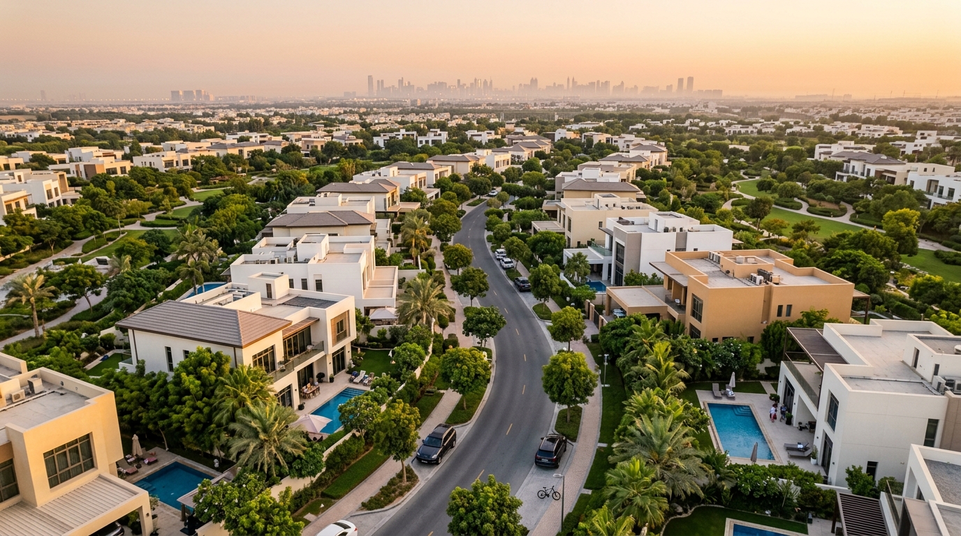 Aerial view of residential family villas in neighbourhoods near Mirdif american school