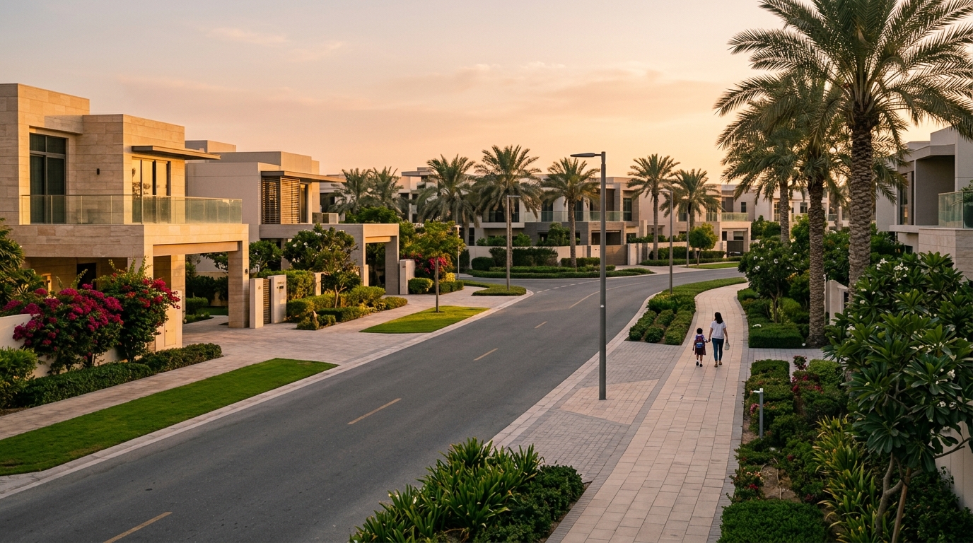 Family walking in a residential neighbourhood near Oak Tree Primary School in Al Quoz Dubai