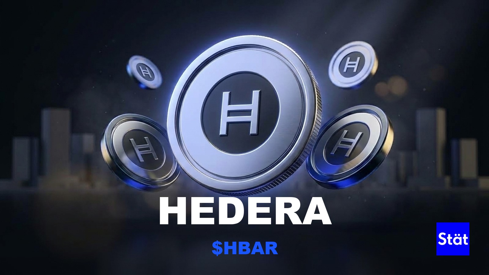 Hedera ($HBAR) token cover card for a guide to using Hedera, showing glossy 3D tokens over a Dubai skyline.