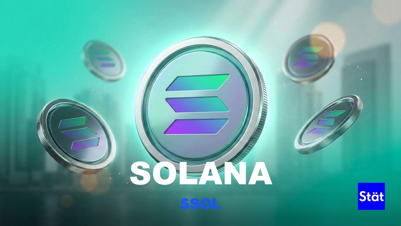 Solana ($SOL) token cover card for a guide to using Solana, showing glossy 3D tokens over a Dubai skyline.
