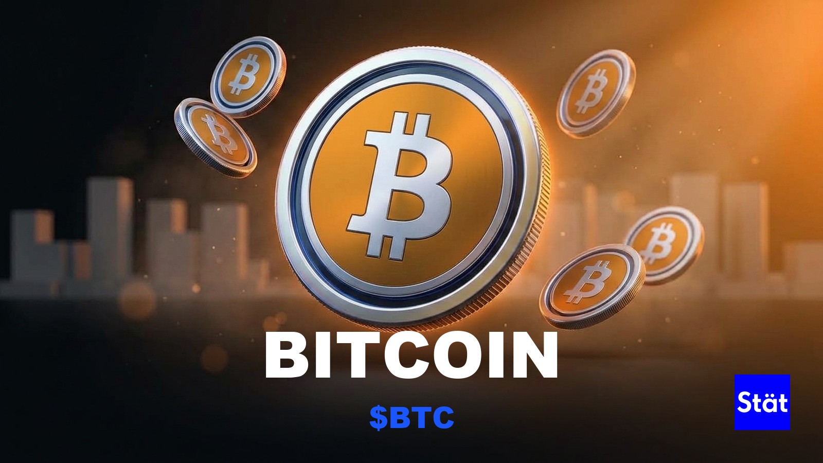Bitcoin ($BTC) token cover card for a guide to using Bitcoin, showing glossy 3D tokens over a Dubai skyline.