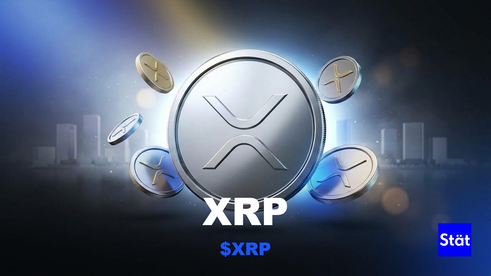 XRP ($XRP) token cover card for a guide to using XRP, showing glossy 3D tokens over a Dubai skyline.