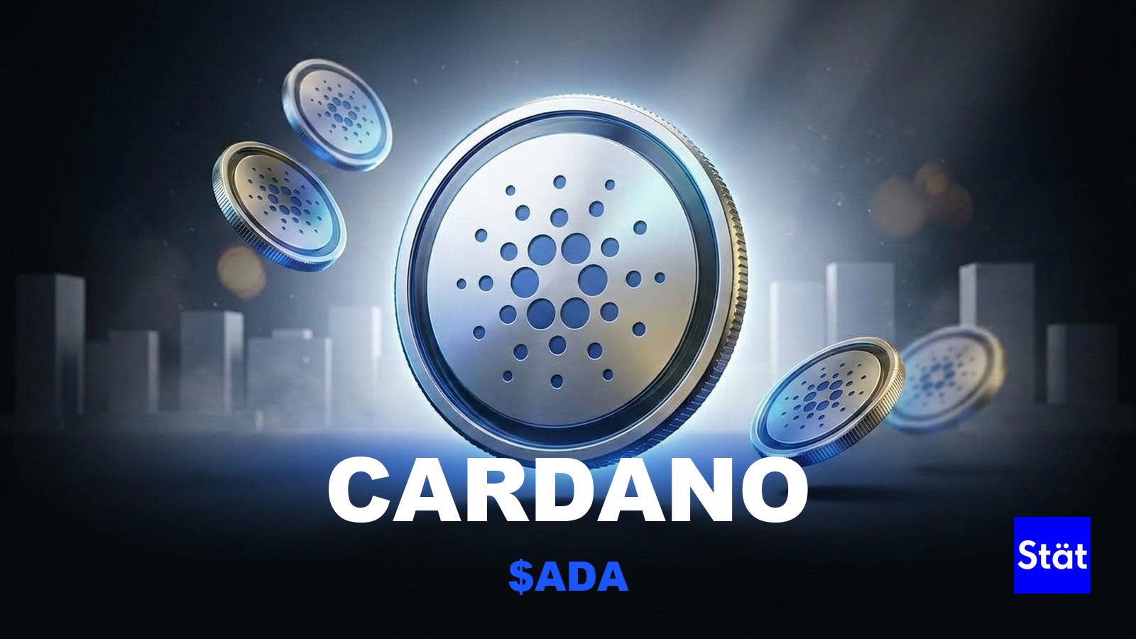 Cardano ($ADA) token cover card for a guide to using Cardano, showing glossy 3D tokens over a Dubai skyline.