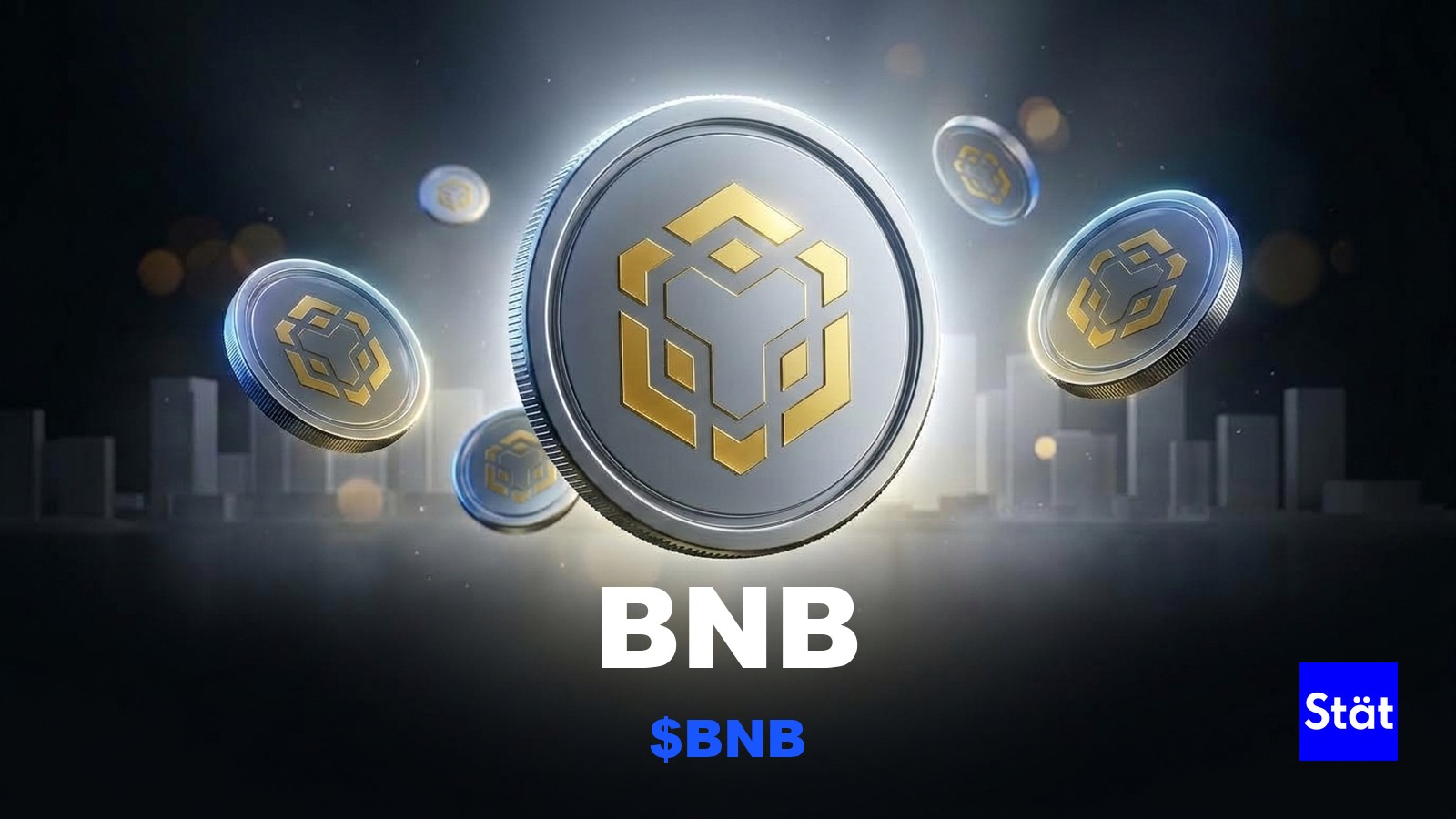 BNB ($BNB) token cover card for a guide to using BNB, showing glossy 3D tokens over a Dubai skyline.