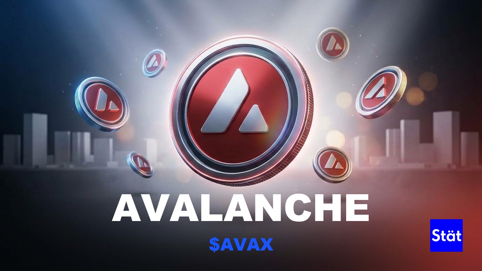 Avalanche ($AVAX) token cover card for a guide to using Avalanche, showing glossy 3D tokens over a Dubai skyline.