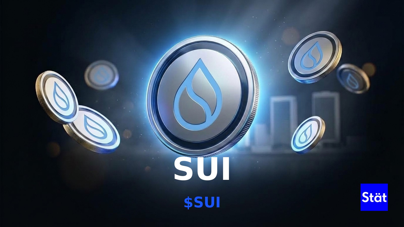 Sui ($SUI) token cover card for a guide to using Sui, showing glossy 3D tokens over a Dubai skyline.