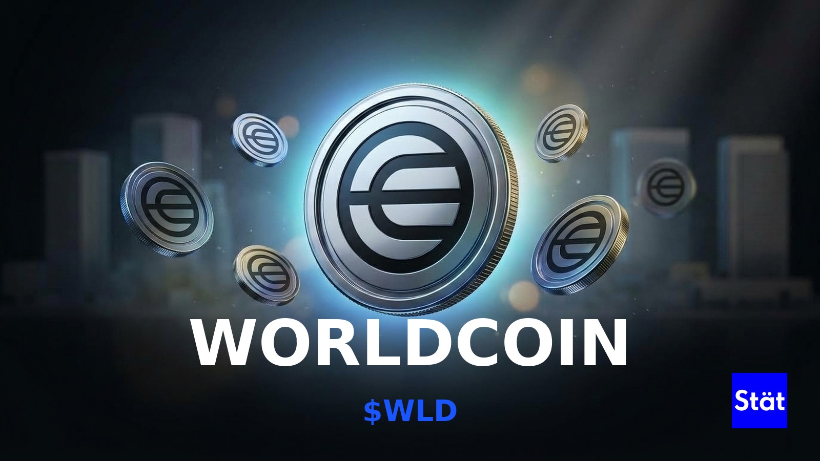 Worldcoin ($WLD) token cover card for a guide to using Worldcoin, showing glossy 3D tokens over a Dubai skyline.
