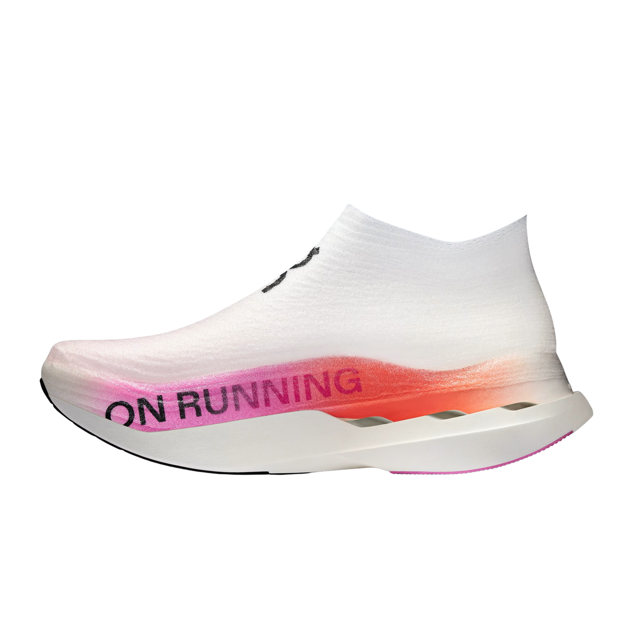 Side view of On Cloudboom Strike LS race shoe showcasing sleek design and CloudTec cushioning.