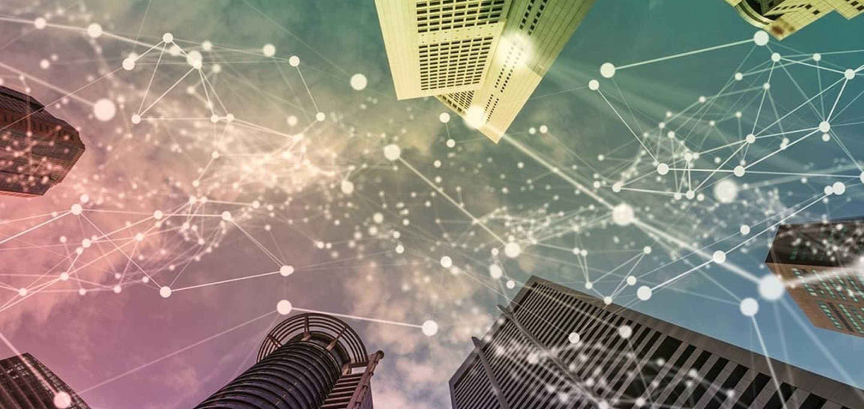 A connected web of dots over high rise buildings