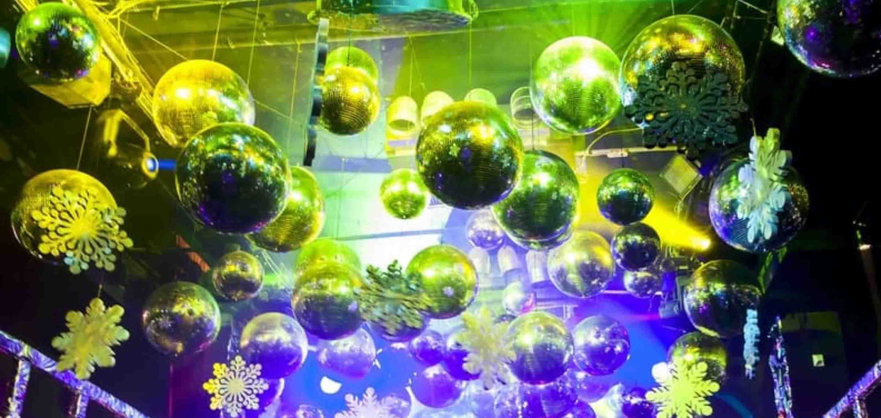 Disco balls and decorations on ceiling