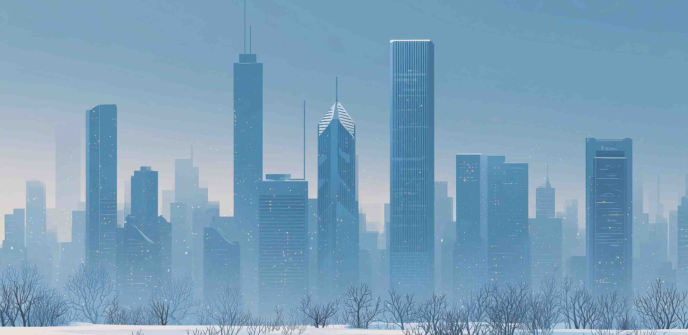 Skyscrapers in grey snowy weather