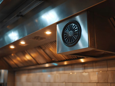 Commercial kitchen extract system with stainless steel ventilation hood and fan in restaurant.