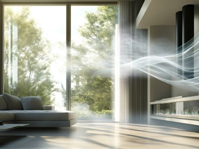 Clean fresh air flowing through a sunlit room with windows overlooking green trees