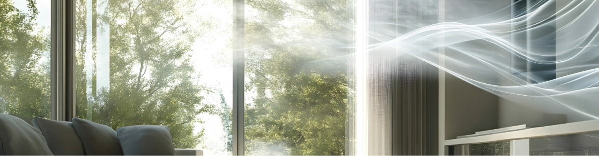 Clean fresh air flowing through a sunlit room with windows overlooking green trees