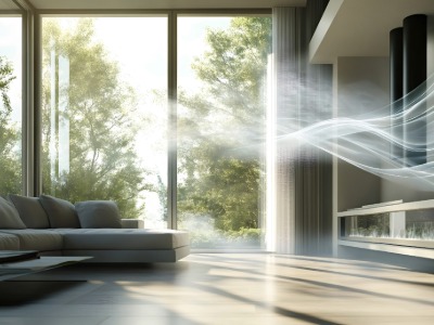 Clean fresh air flowing through a sunlit room with windows overlooking green trees