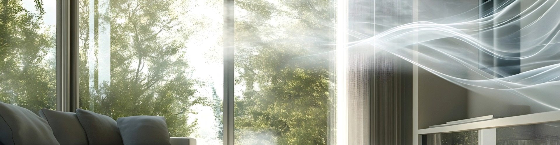 Clean fresh air flowing through a sunlit room with windows overlooking green trees