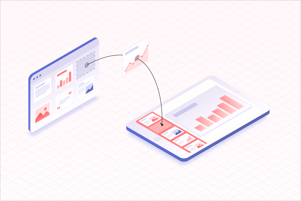 Illustration zeigt Drag-and-Drop von Grafiken und Diagrammen von einem Dashboard auf ein Tablet.