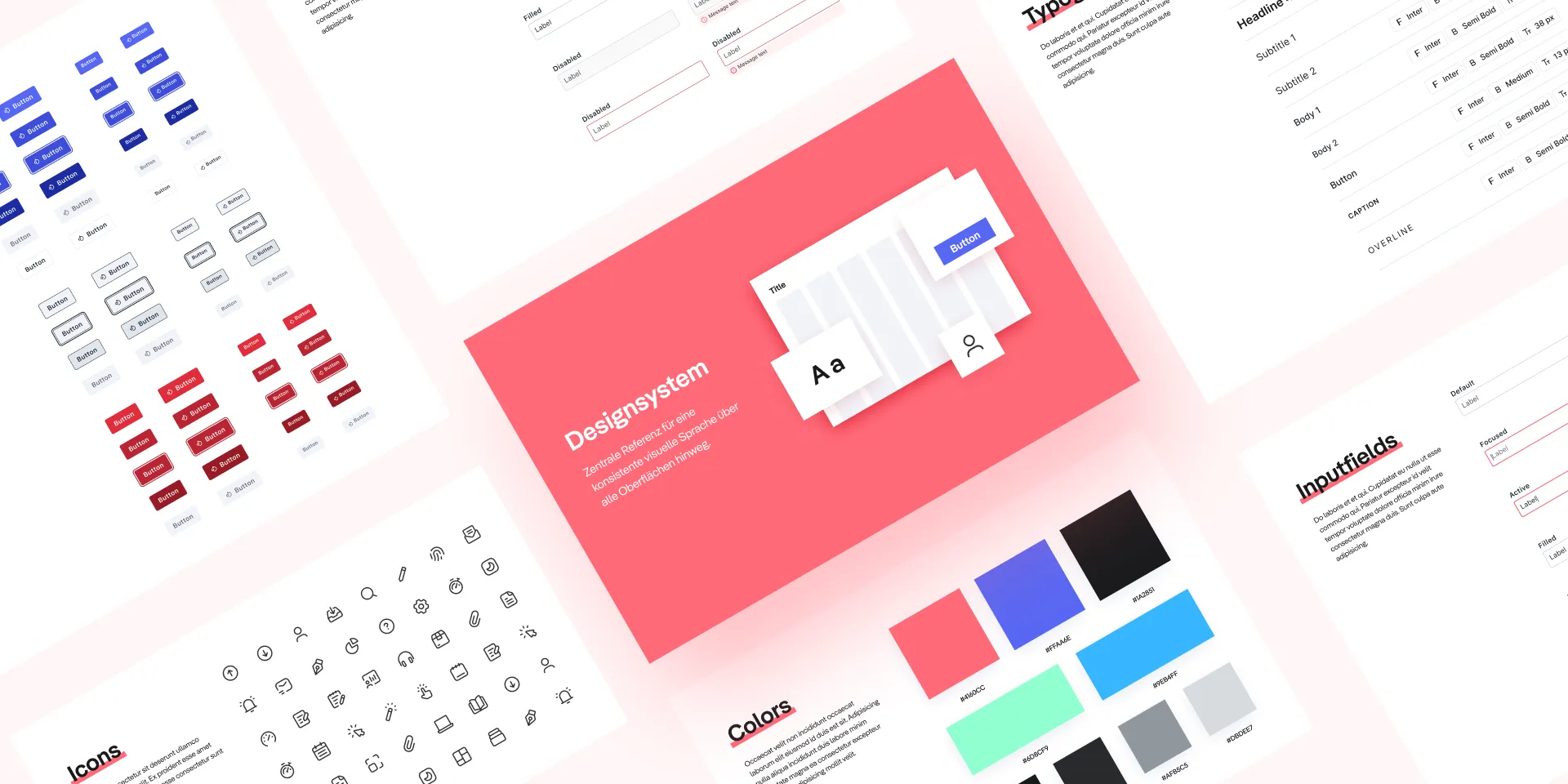 Designsystem mit Knöpfen, Eingabefeldern, Typografie, Farben und Icons auf weißem Hintergrund.
