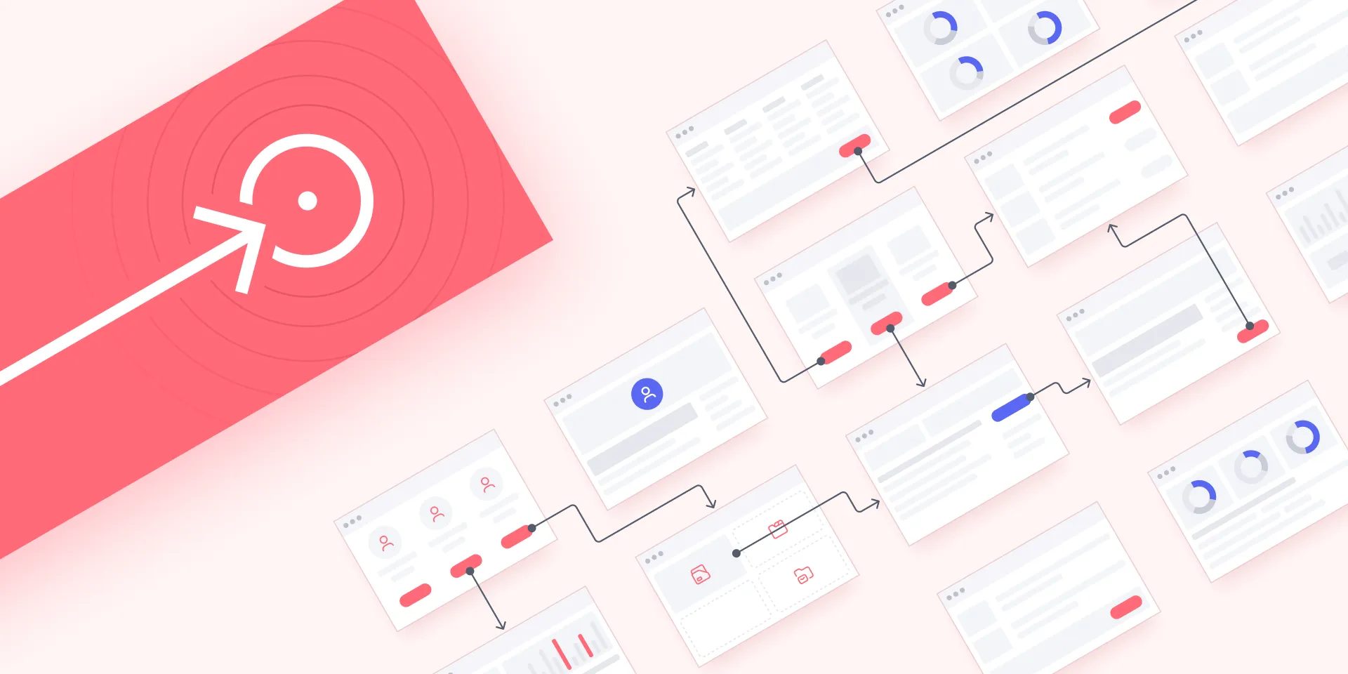 Diagramm mit verbundenen Webseitenfenstern und einem weißen Pfeil, der auf ein Ziel in Rot zeigt.