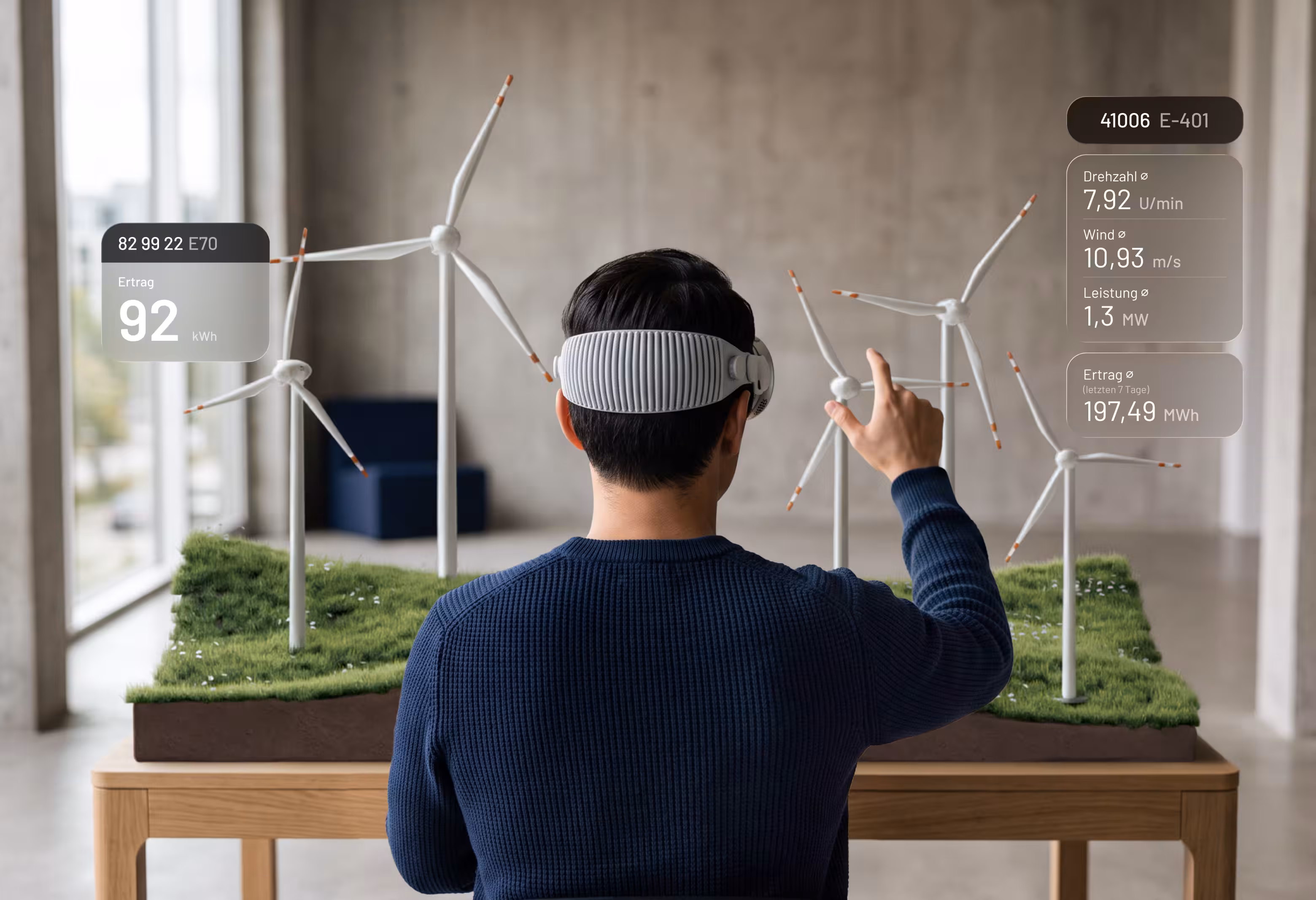 Zwei iPhone Mockups mit Screens der ENERCON SIP App mit Windrat im Hintergrund