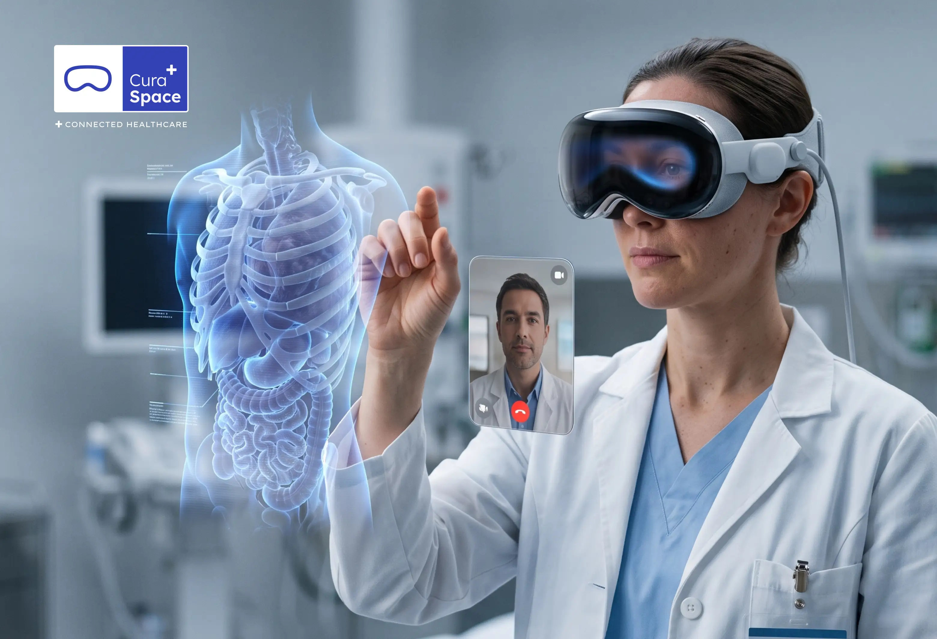 KI-generiertes Bild: Eine Ärztinnen mit VR-/AR-Headsets untersuchen eine holografische Patientendarstellung, mit dem Cura-Space-Logo „Connected Healthcare“