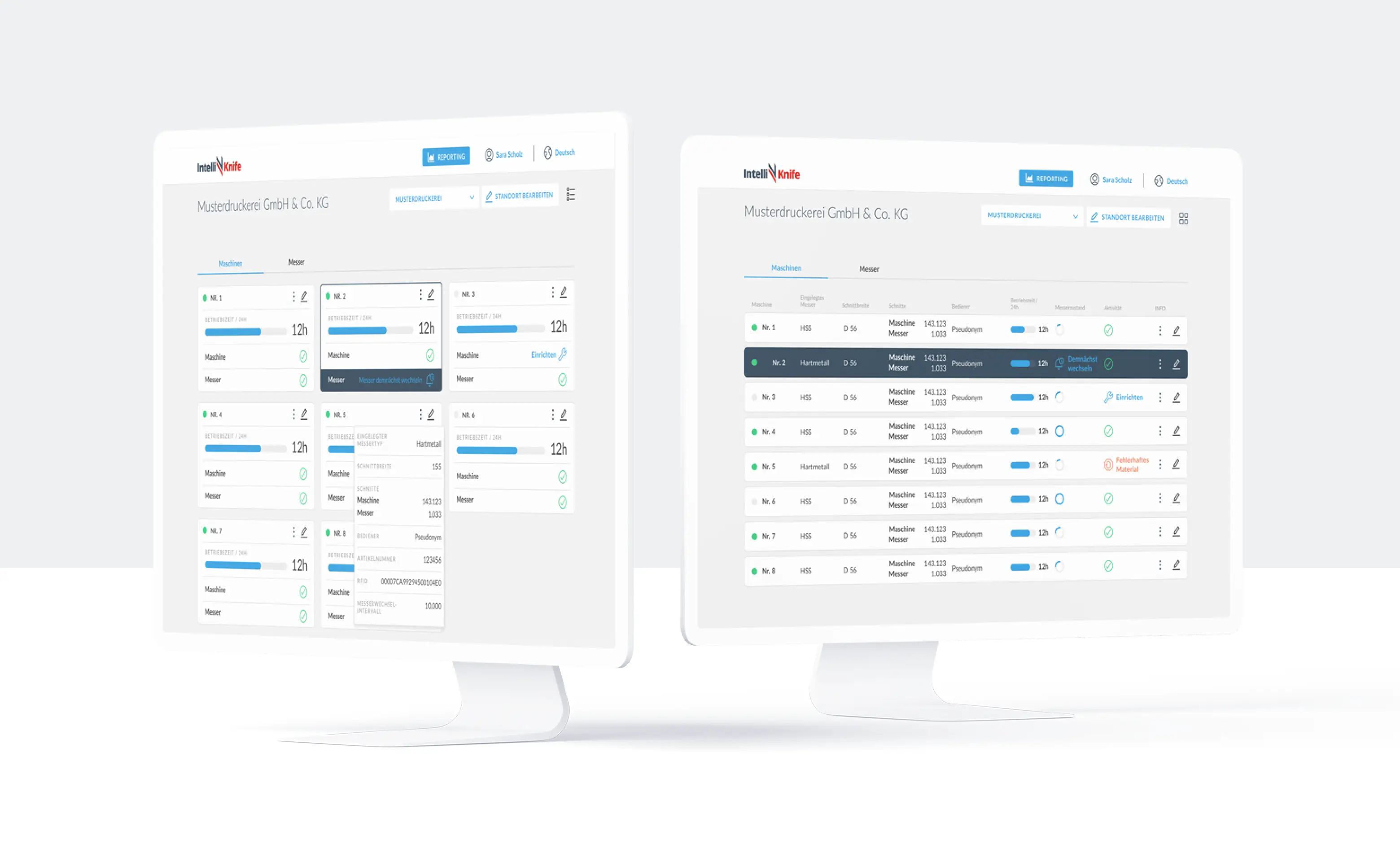Zwei Monitore mit Screens der Intelliknife Software vor grauem Hintergrund