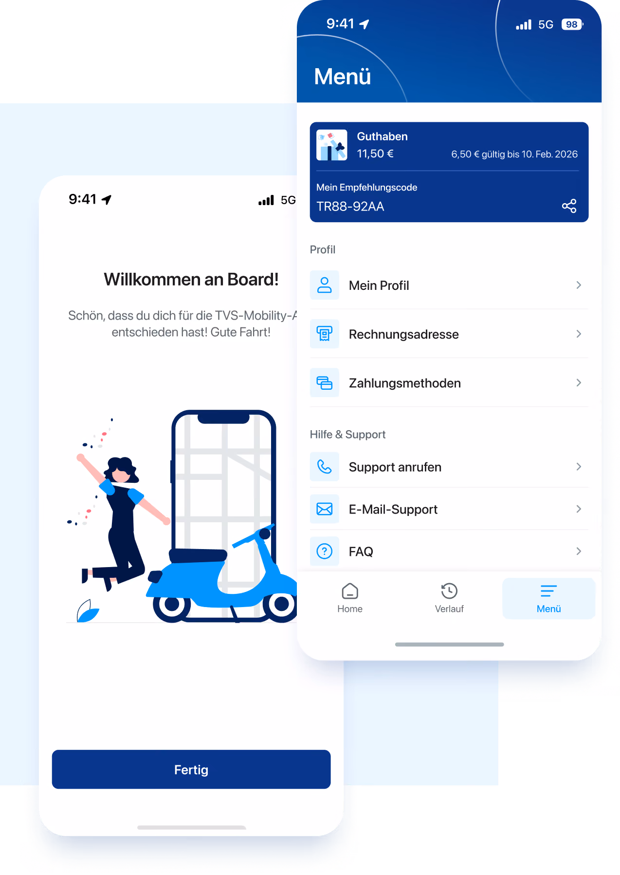 Zwei Screens der TVS E-Scooter-App: Willkommens-Screen nach der Registrierung und Menü mit Guthaben und Profil